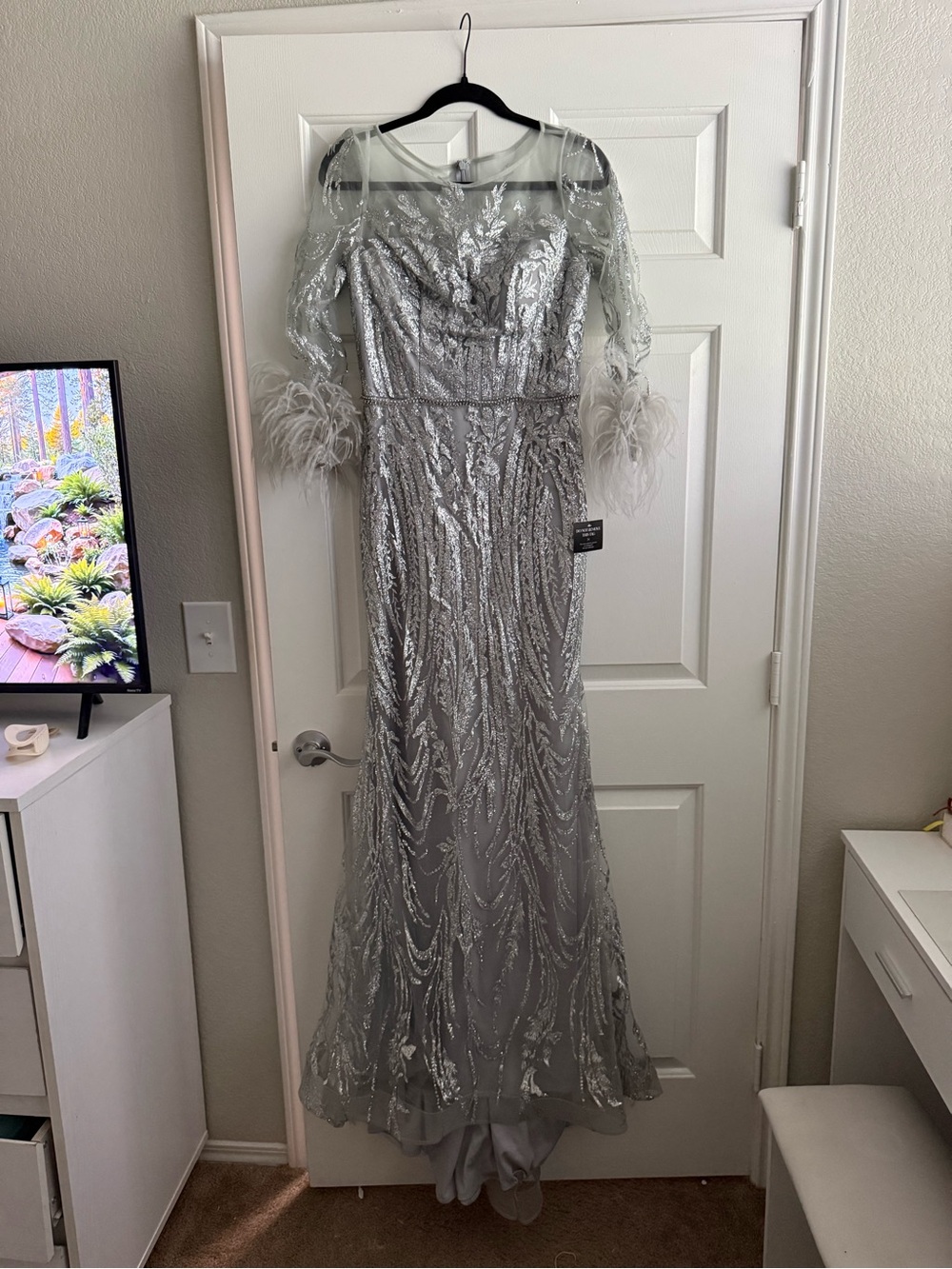 Silver Glitter Evening Gown with Feather Cuffs